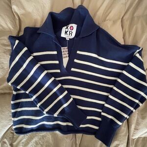 Kerri Rosenthal V-Neck Sweater in Navy and White Stripes